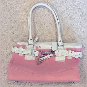 Coach Purse, Hampton Pink and White Pebble Leather Satchel F13084, EUC